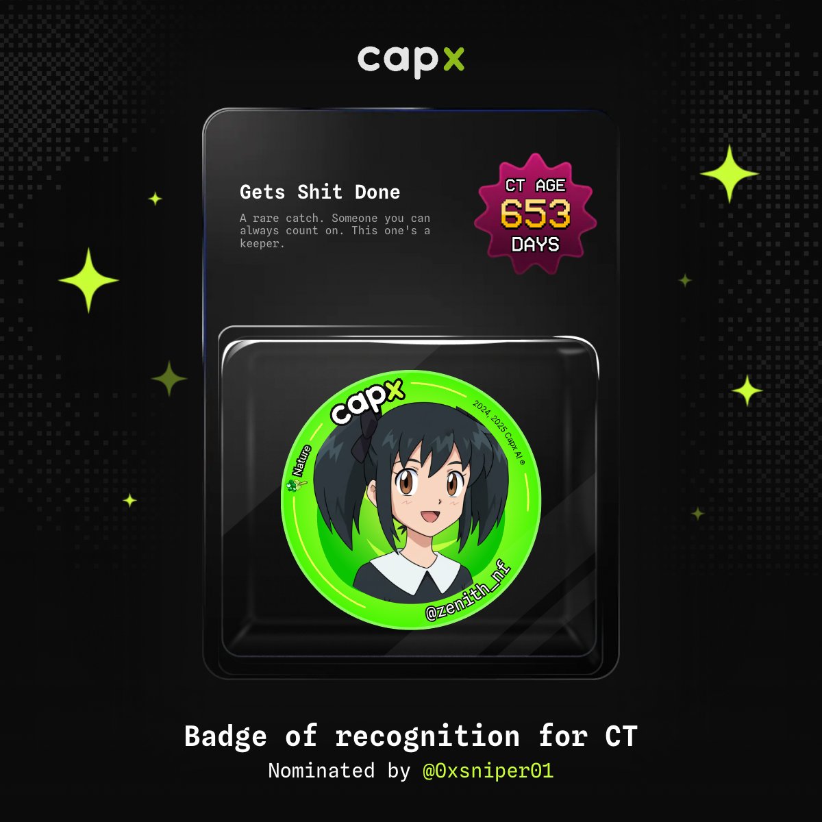 Just successfully claimed my
<a href="/0xCapx/">Capx AI</a>
Tazo badge. Thanks
<a href="/0xsniper01/">sniper</a> 
for the nomination slot If you were nominated by someone you can now claim your Tazo badge as well