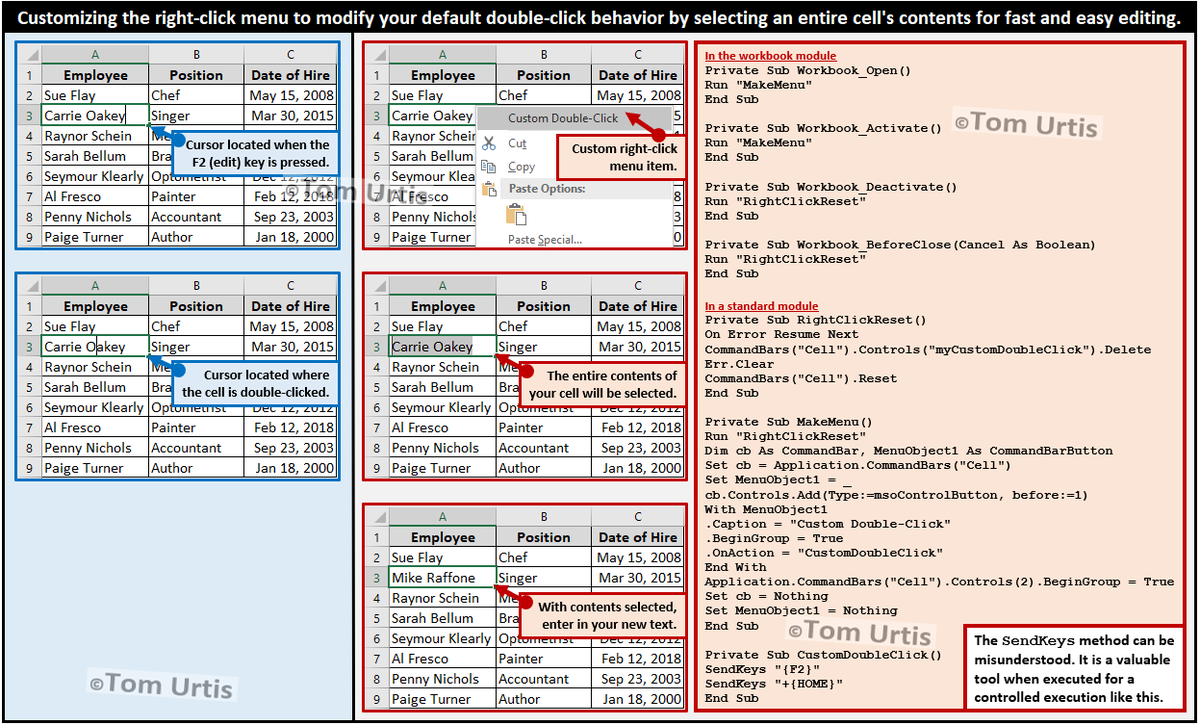 Customizing the right-click menu to modify your default double-click behavior by selecting an entire cell's contents for fast and easy editing.