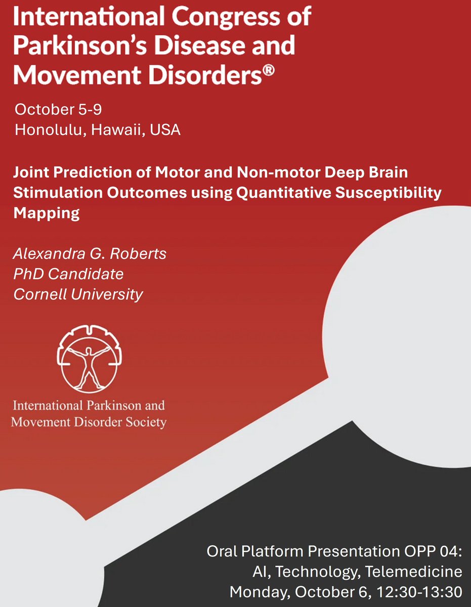 I will be giving a talk at #MDSCongress on deep brain stimulation outcome prediction from presurgical imaging, based on my work with <a href="/WCMRadiology/">Weill Cornell Medicine Radiology</a>.  Check out the #GitHub if you're interested in machine learning for medical imaging: github.com/agr78/RadDBS-Q…