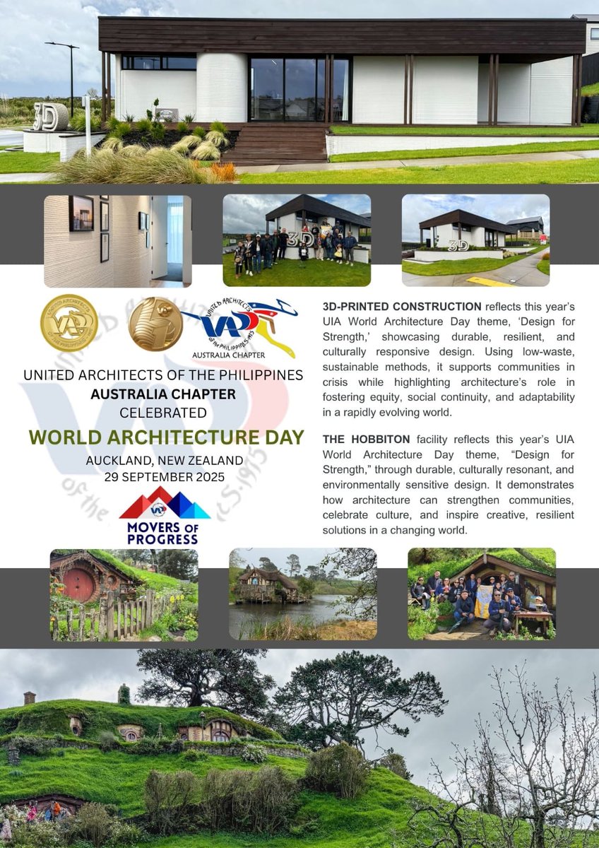 UAP_AUNZChapter's tweet image. UAP Australia Chapter proudly celebrates World Architecture Day 2025 with two inspiring Arkitrip activities: 3D-Printed Construction and The Hobbiton.
#UAP #WorldArchitectureDay2025 #DesignForStrength #CraftingSustainableFuture #AustraliaChapter