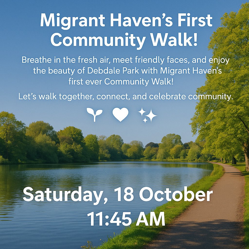 MigranthavenUK's tweet image. 🌿 Join Migrant Haven’s first Community Walk at Debdale Park
Enjoy lakeside views, fresh air &amp;amp; great company
🗓️ Sat 18 Oct | 🕓 Meet 11:45AM | 📍 Gorton (M18 8LD)👟 Wear comfy shoes
📞 07536 977773 | 💬 WhatsApp 07376 363338. RSVP via DM or message ✅
#CommunityWalk #WalkTogether