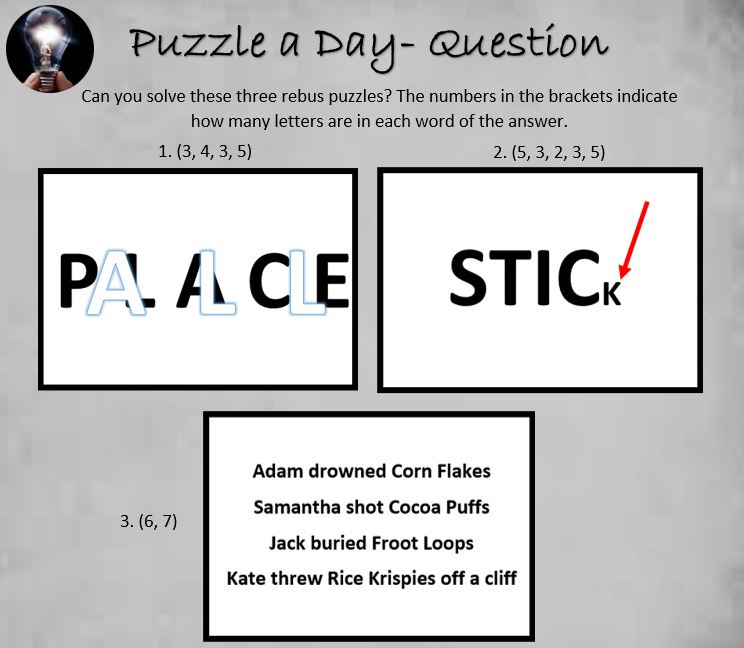 PuzzleADayBlog's tweet image. Three Rebus Puzzles

#puzzle #puzzles #puzzleaday