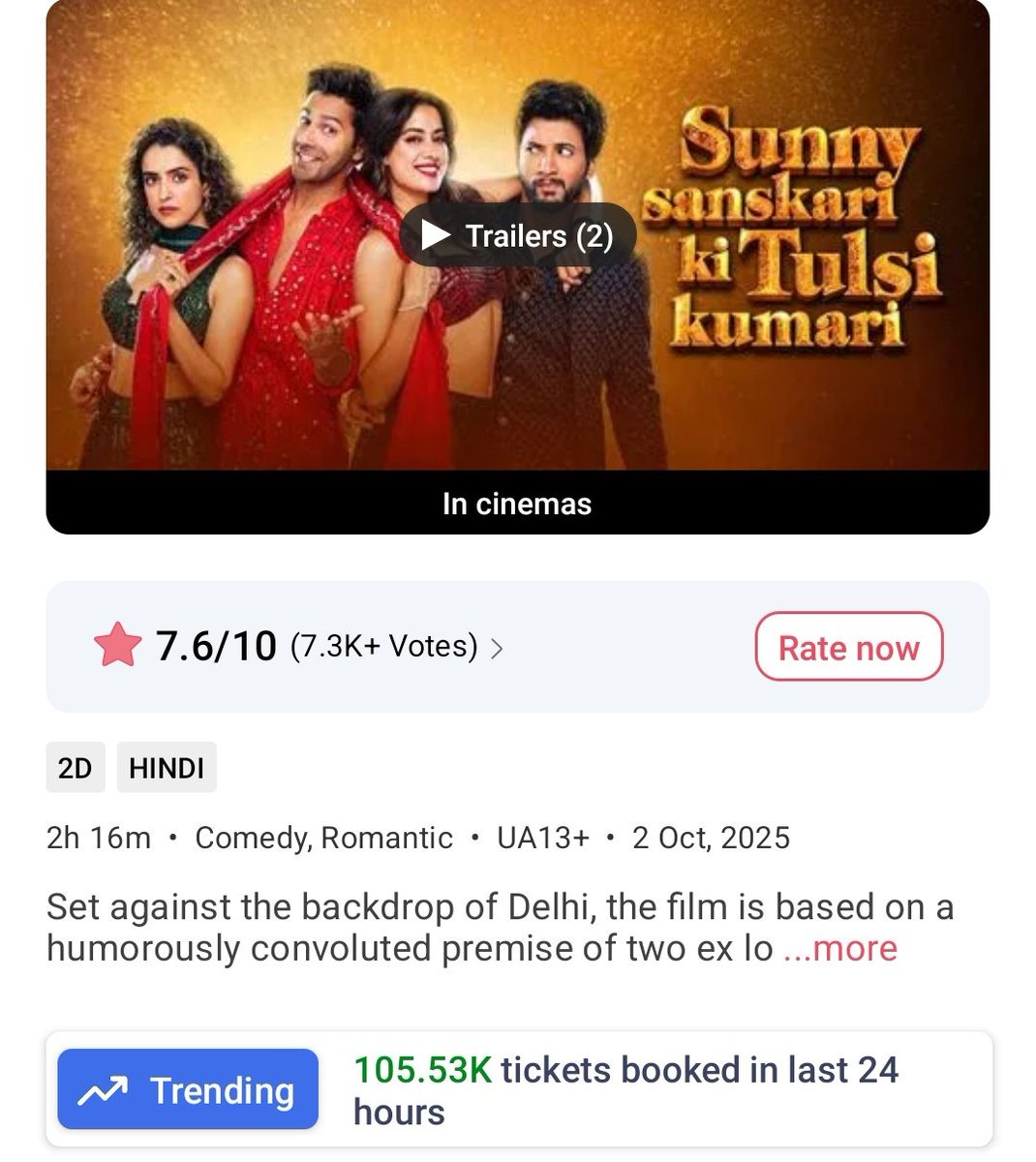 filmy_view's tweet image. 5/10/2025 • Tickets sold in last 24 hours on BookMyShow (Total) 

#SunnySanskariKiTulsiKumari: 105.53K (509.52K)

#Dashavatar: 8.08K (783.77K) 
#Shinchan: 6.37K (118.21K)