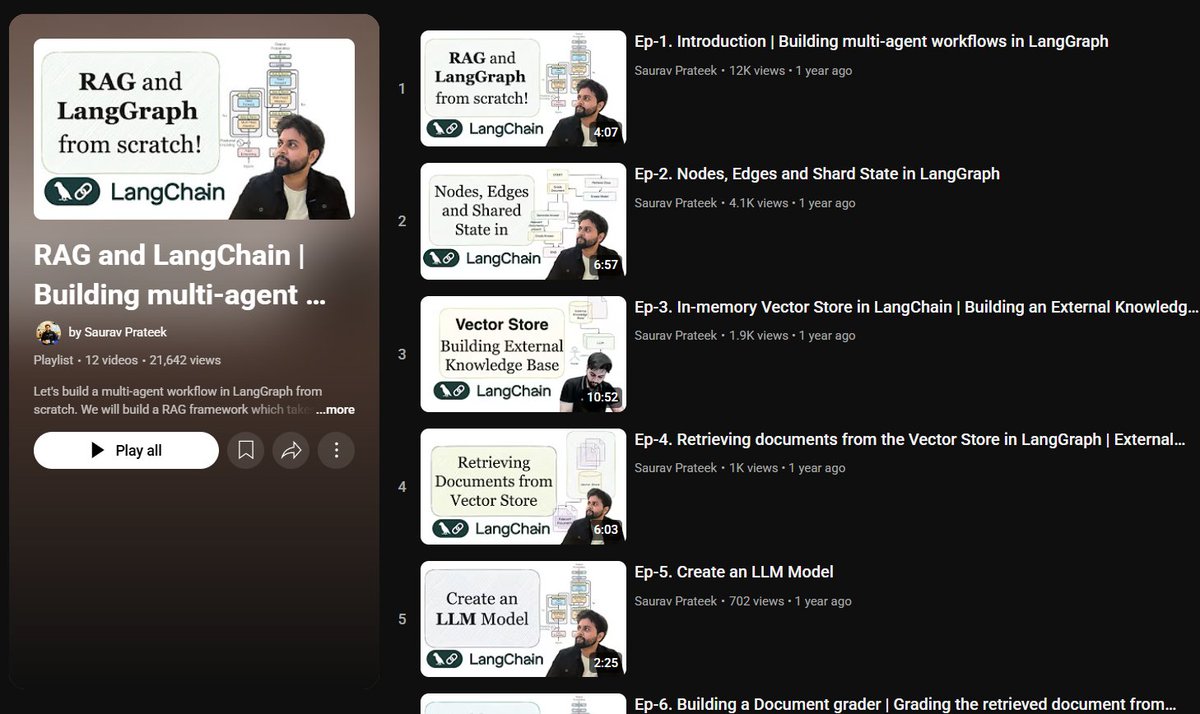 victor_explore's tweet photo. Ever wondered how to actually build a multi-agent RAG workflow from scratch?  

Saurav Prateek’s full 12-episode LangGraph series walks through it step-by-step — no vague theory, just hands-on demos:  
> how RAG connects LLMs with external knowledge  
> building in-memory vector stores  
> grading + retrieving docs  
> compiling + visualizing the agent graph  

Pretty cool that you end up with a full retrieval‑augmented system and a workflow you can extend to any project.  
Do not sleep on this one — it’s one of the clearest LangGraph breakdowns out there.  

Link in the comment.