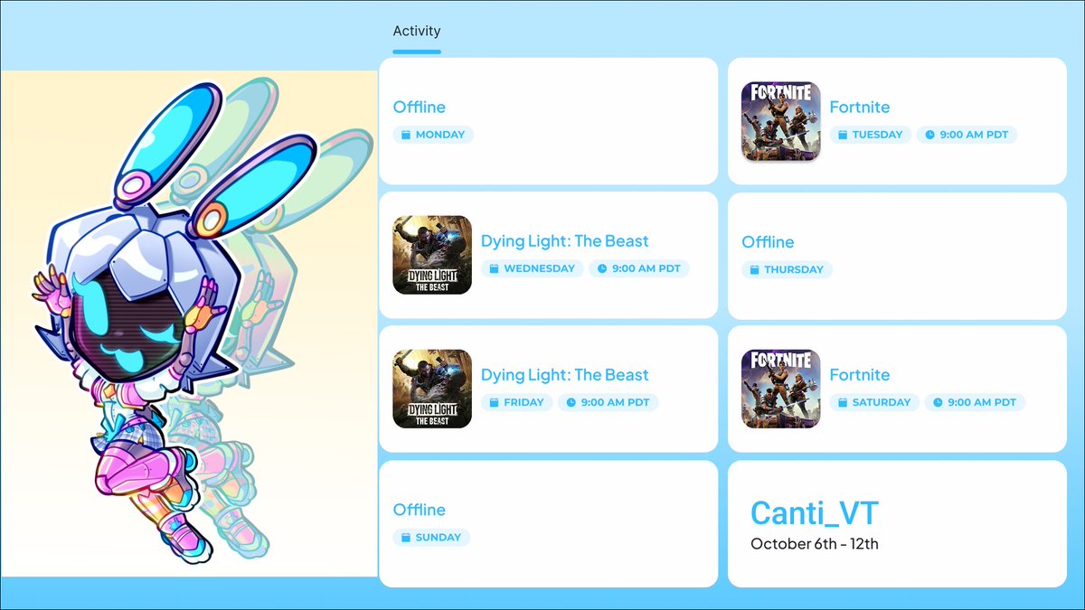 Schedule!
9 am PDT
Tue - Fortnite
Wed - Dying Light: The Beast
Fri - Dying Light: The Beast
Sat - Fortnite
#Vtuber #Bunopolis

Robunny by kikiCPU