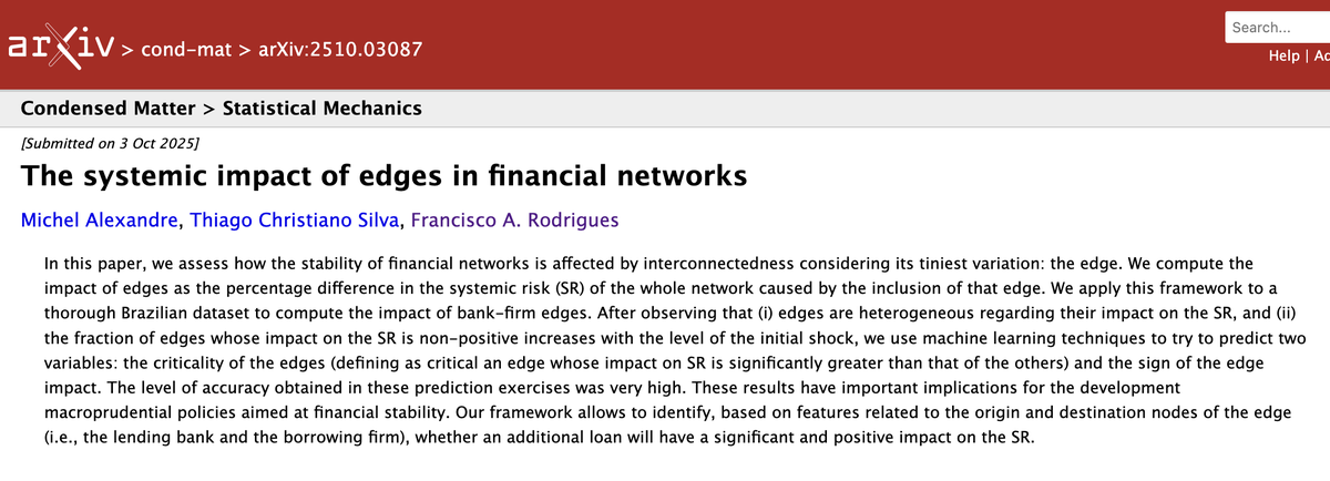 FranciscoICMC's tweet image. In a new paper on @arxiv, we introduce a novel framework for quantifying the impact of each edge (i.e. each bank–firm relationship) on systemic risk in financial systems.
👉 arxiv.org/abs/2510.03087
With @MichelA66073262.
#complexity #economics #networks #datascience