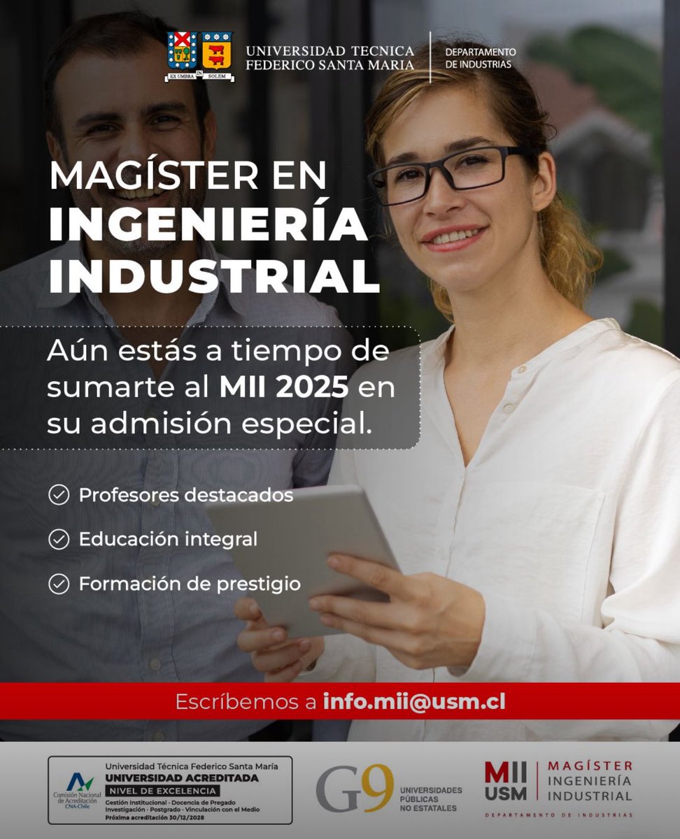 ⏱️ Quedan pocos días para el ingreso especial a la versión 2025 del MII.

➡️ Para solicitar más información contáctanos al 📞+569 3011 2487 o escríbenos a ✉️ info.mii@usm.cl.

#postgrado #MIIUSM #MII #Magíster #postgradousm #usm