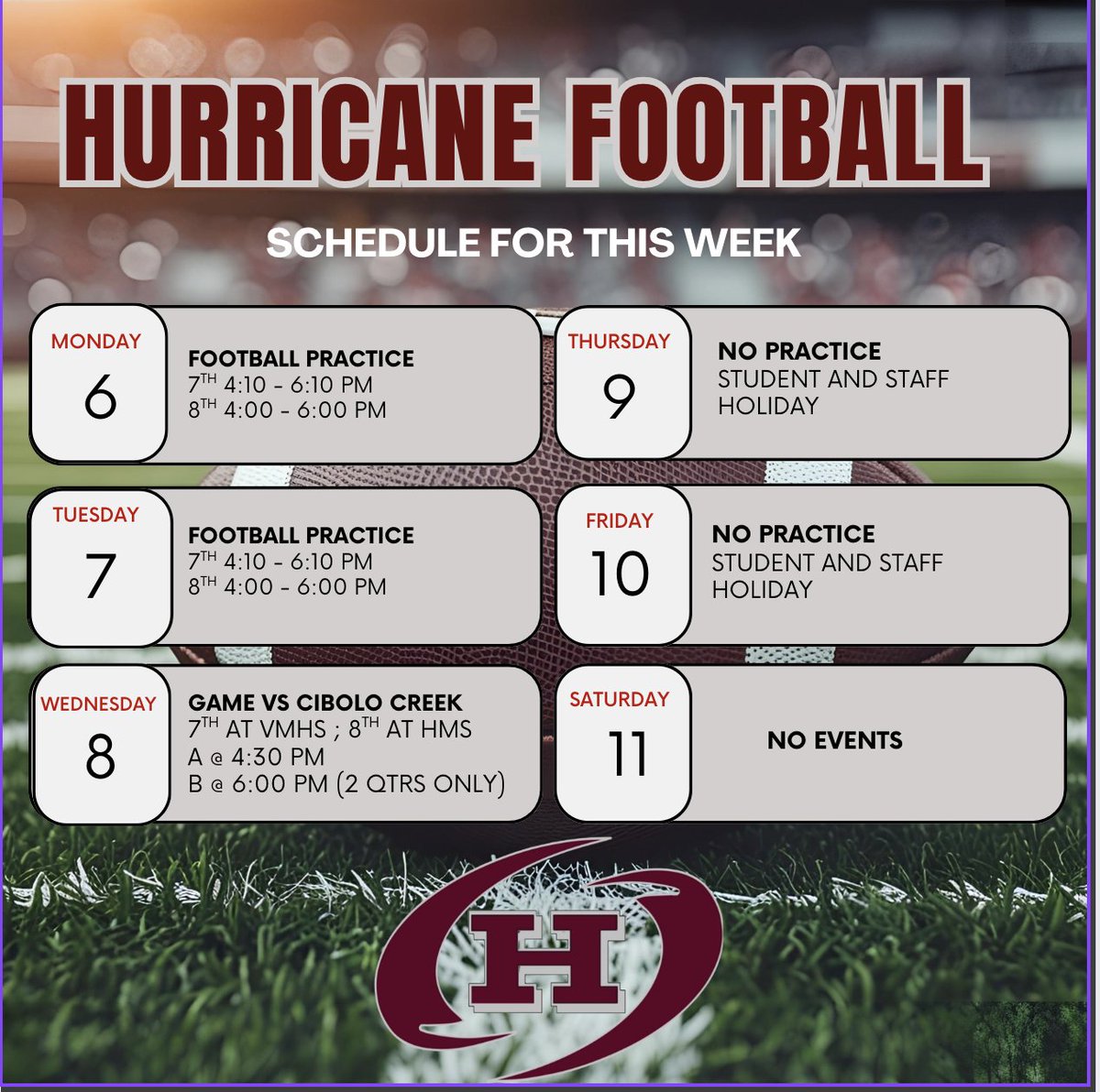 Here is the plan for this week.  Remember, Thursday and Friday are student and staff holidays.  GO CANES!! #WINTHEDAY #WEWILLWIN <a href="/HMSecisd/">hms ecisd</a> <a href="/ECISDtweets/">East Central ISD</a>
