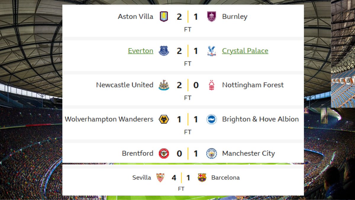 barstrms's tweet photo. 𝐅𝐮𝐥𝐥 𝐓𝐢𝐦𝐞!
Aston Villa vs Burnley
Everton vs Crystal Palace
Newcastle United vs Nottingham Forest
Wolves vs  Brighton
Brentford vs Man City
Brentford vs Manchester City
Sevilla vs Barcelona
Celta Vigo vs Atletico Madrid
Juventus vs AC Milan
Lille vs PSG https://t.co/QGP7BhWwPY