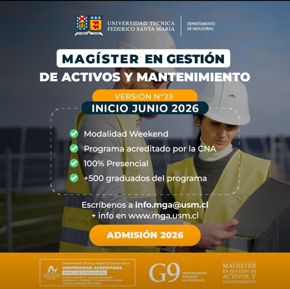 🌟 Abrimos postulaciones MGA 2026

🌐 Súmate al programa de Magiíter líder en la Gestión de Activos y el Mantenimiento industrial.

Súmate al MGA USM 2026.
📩 Contáctanos en info.mga@usm.cl
🌐 Conoce más en mga.usm.cl

#MGA #GestiónDeActivos #Magister #postgradosusm