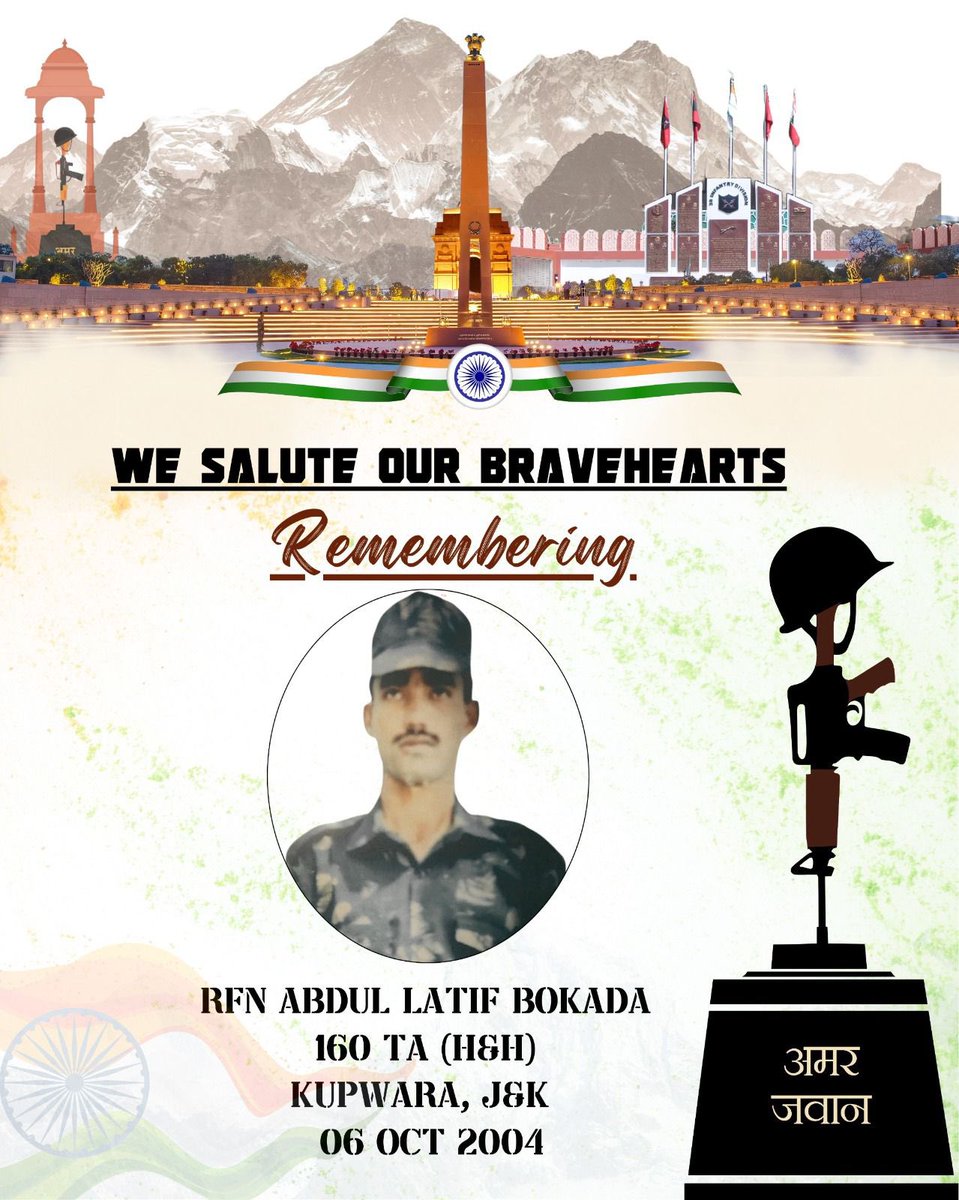 yodha_mike's tweet photo. Lest We Forget - Rifleman Abdul Latif Bokada of 160 TA (H&H), a valiant son of Changdi, Kupwara, made the supreme sacrifice on 06 October 2004 while courageously confronting terrorists while on his leave. His fearless spirit, unwavering devotion to duty and unflinching resolve in the face of danger embody the finest traditions of the Indian Army. His sacrifice will forever remain etched in history and serve as a beacon of courage and patriotism for generations to come. #JaiHind

#HeroesOfTheNation 
#Braveheart 
#Kupwara 
#ChinarWarriors
#VajrWarriors
#LestWeForget