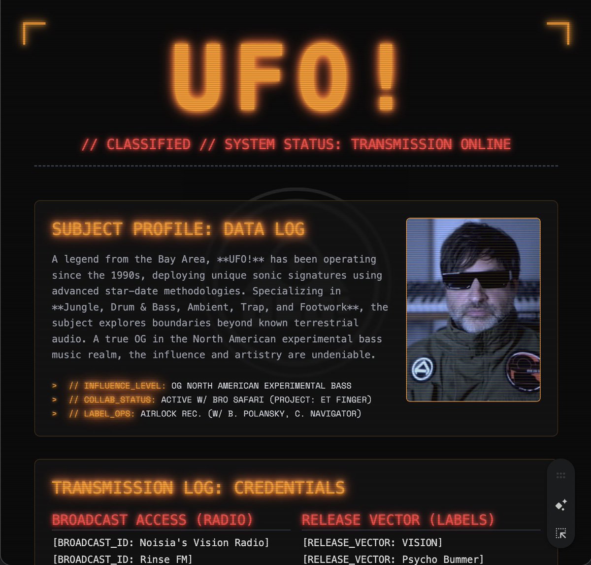 ItsUFO's tweet image. A legend from the Bay Area, UFO! has been creating unique music since the1990s, crafting his own distinctive sound before the use of star dates.Specializing in his own distinctive style of Jungle and Drum &amp;amp; Bass, heexplores various sounds and styles to their boundaries and beyond