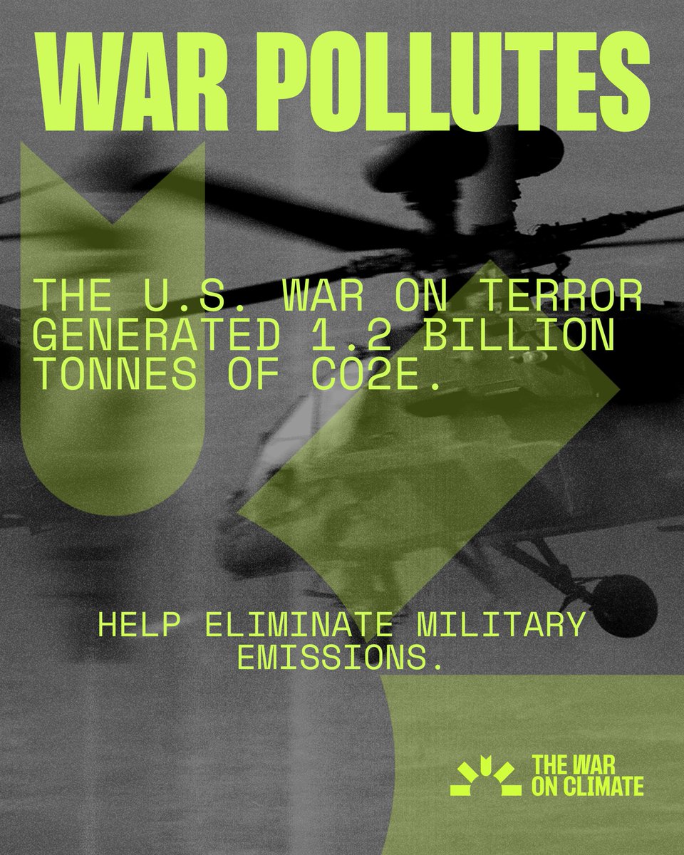 War on Climate: The Uncounted Costs of Conflict (@thewaronclimate) on Twitter photo No matter how far away the war is, it affects you. Combat pumps millions of tonnes of carbon into the air, worsening the effects of global warming. Shockingly, these vast emissions are given no consideration in climate treaties, even though global military emissions rank fourth No matter how far away the war is, it affects you. Combat pumps millions of tonnes of carbon into the air, worsening the effects of global warming. Shockingly, these vast emissions are given no consideration in climate treaties, even though global military emissions rank fourth