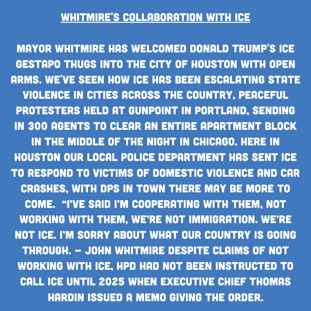 Recall Houston (@recallhouston) on Twitter photo Other Democrat Mayors in this country are attempting to prevent cooperation between ICE and city police force and defending sanctuary cities and civil rights. Ours is not and, worse, is lying about it. We know ICE is violating rights, ignoring due process, disappearing people, Other Democrat Mayors in this country are attempting to prevent cooperation between ICE and city police force and defending sanctuary cities and civil rights. Ours is not and, worse, is lying about it. We know ICE is violating rights, ignoring due process, disappearing people,
