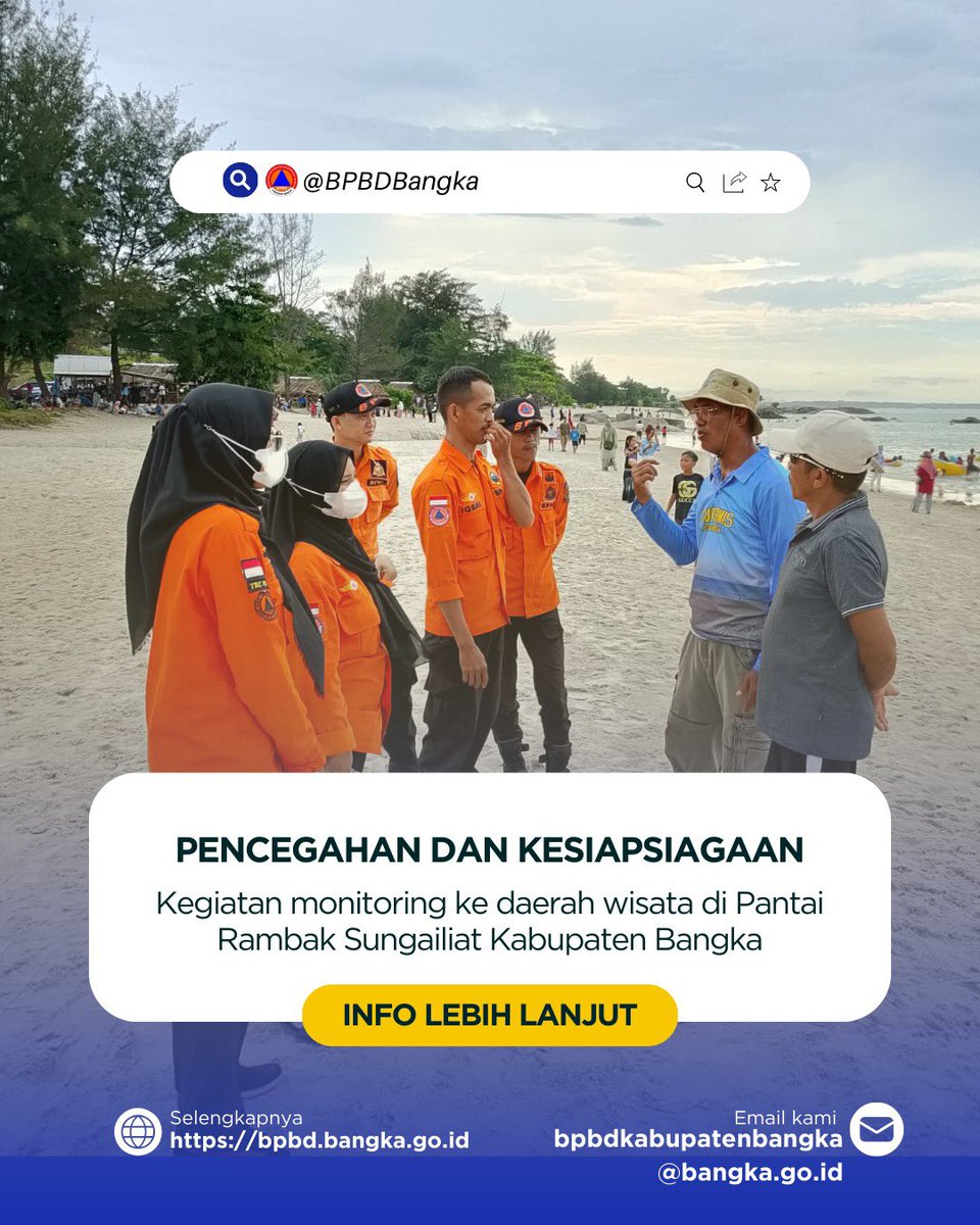 BpbdBangka's tweet photo. PENCEGAHAN DAN KESIAPSIAGAAN
BPBD Kabupaten Bangka melakukan kegiatan monitoring di daerah wisata Pantai Rambak Sungailiat.
💪 Salam Tangguh!
#BPBDBangka #Kesiapsiagaan #MitigasiBencana #PantaiRambak https://t.co/8JP8dAudOX