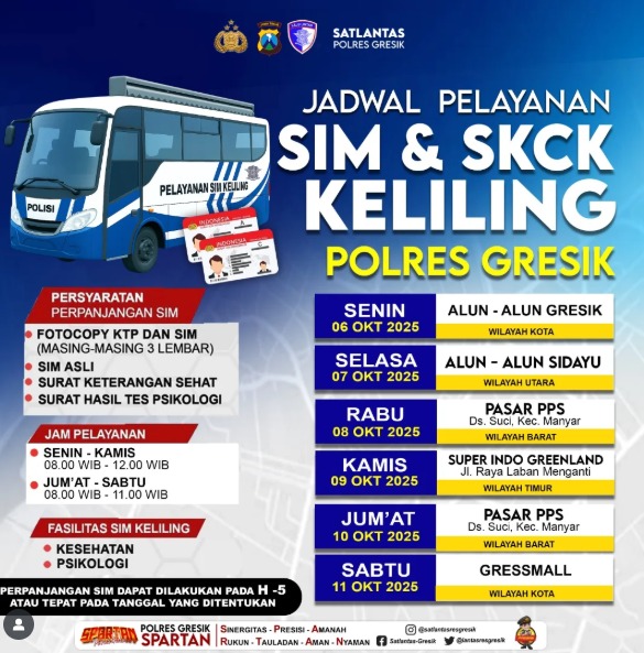 HumasGresik's tweet image. Hallo Rekk!!
Jadwal Sim Keliling untuk pekan ini (06 - 11 oktober 2025) sudah keluar.
Catat tanggal dan lokasinya, ya!
Jangan sampai kelewatan, ya☺️
#simkelilinggresik #gresik #satlantaspolresgresik #polresgresik