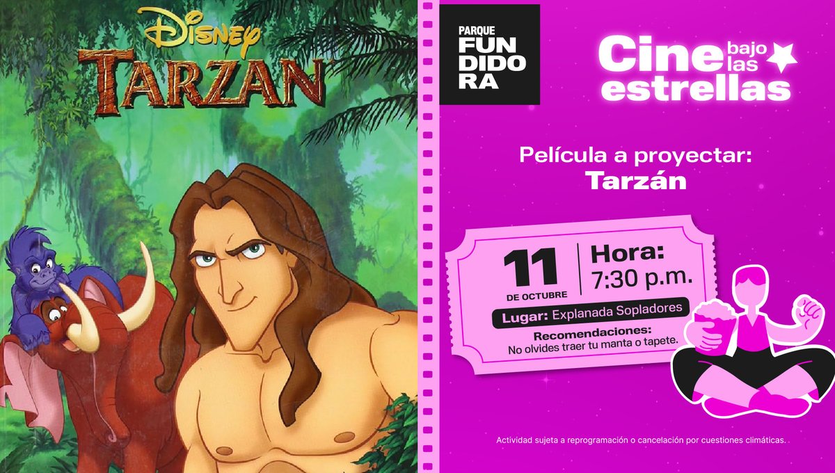 ¡La selva se apodera del parque! 🌳

Te invitamos a la función de Cine Bajo las Estrellas, para disfrutar la película de “Tarzán”. 🦍🌿

¡Recuerda traer tu silla o tapete y tu snack favorito! 🍿🥤

¡Entrada libre! Te esperamos. 🙌🏻🎬💫