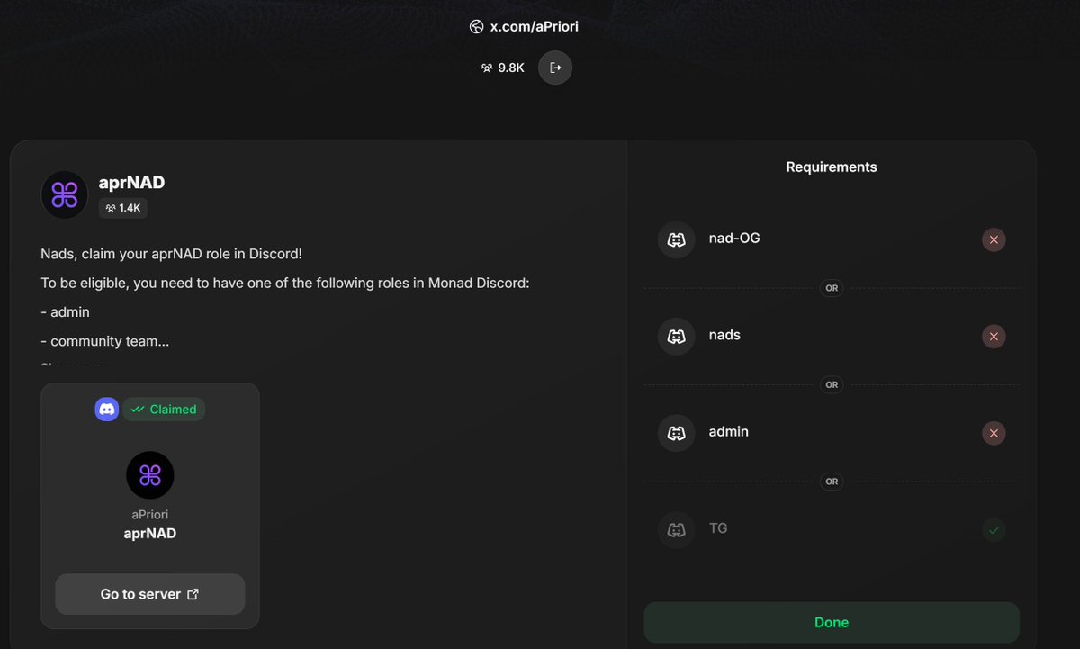如果你在 Monad 上有这些角色，你可以在 Apriori 服务器上验证 aprNADS 角色.

Admin 
Community 
Team 
Mon2 
Mon 
Nad 
OG 
RH 
Nads  
Localnads
TG（新增）

根据大众的要求，角色资格现在扩展到 Monad TG role的成员。

era.guild.xyz/apriori