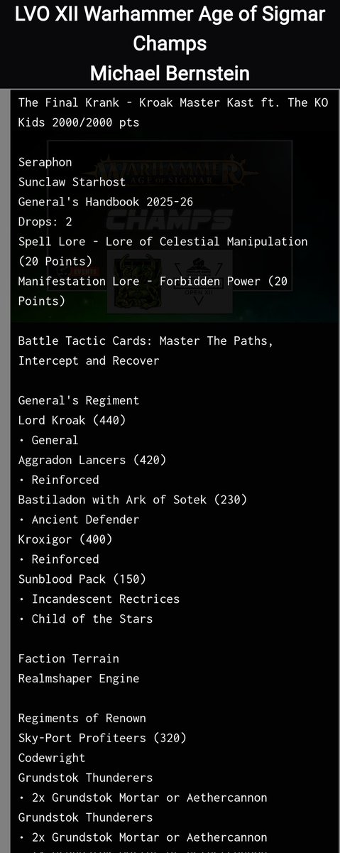Huge props to Michael Bernstein for an awesome showing at LVO for Seraphon!

6th place overall. 5-1 with Seraphon!

KO RoR and Sunblood Pack keep rolling!