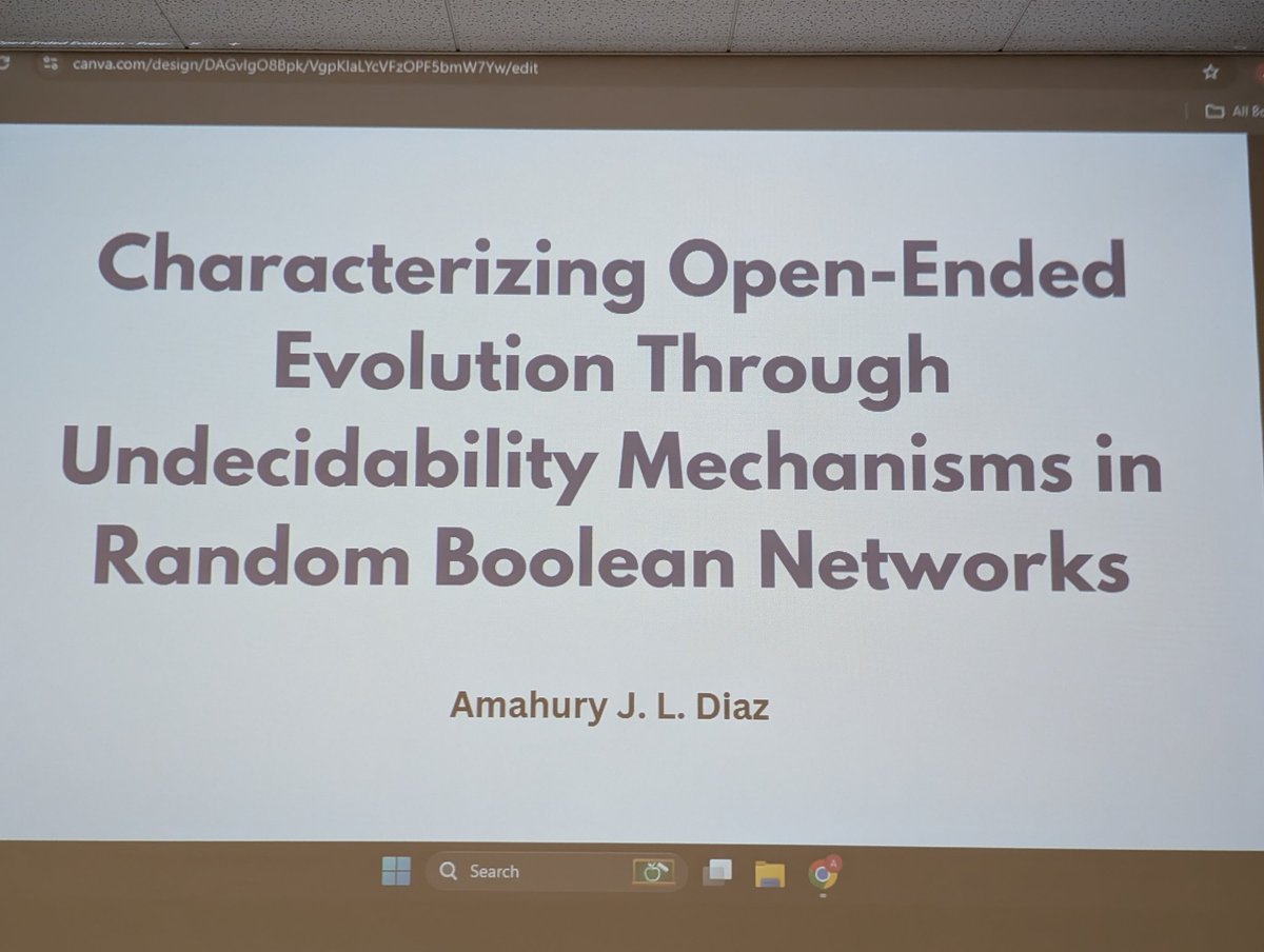 HirokiSayama's tweet photo. Amahury J. L. Diaz discusses new ways of measuring open-endedness of RBNs
#ALIFE2025 #TONAL2025
@ALifeConf @amahury0 https://t.co/Ui9Z08P7gu