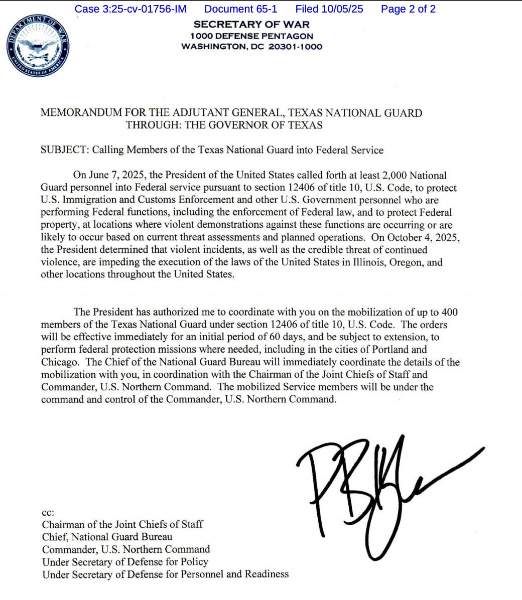 sentdefender's tweet image. U.S. Secretary of Defense Pete Hegseth has ordered the call up and federalization of 400 Airmen and Soldiers with the Texas National Guard in order to “perform federal protection missions where needed, including in the cities of Portland and Chicago.” This order follows the…