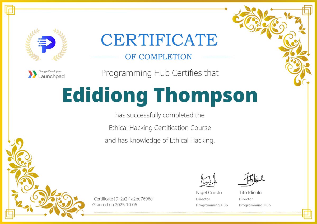 DavidUsoro68704's tweet image. #ProgrammingHub #Certificate#Ethical Hacking
