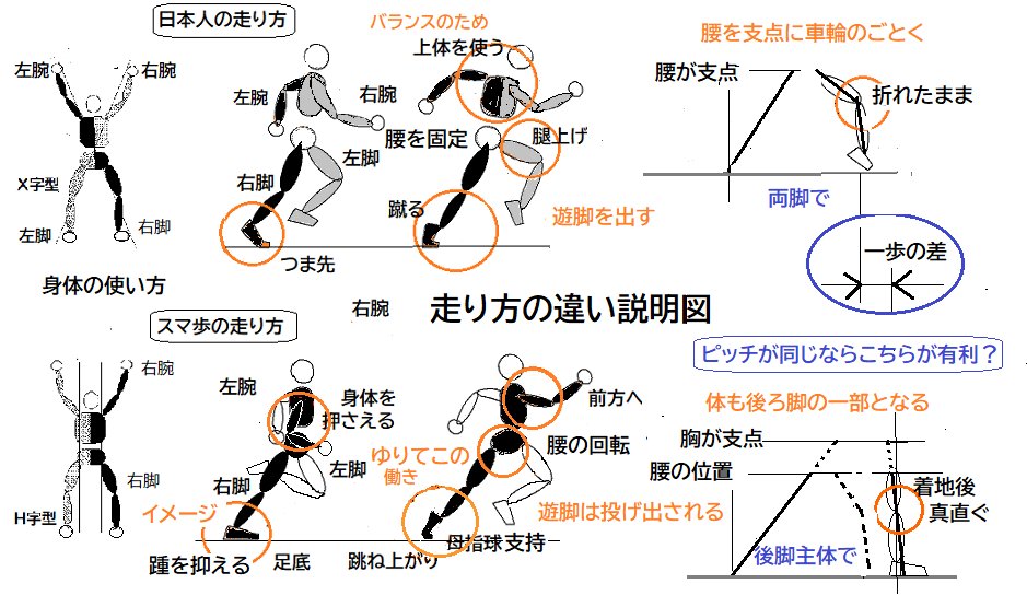 この写真を見て、一瞬でしょうが、全身が前に向かって進んでいる躍動感が感じられません。世界的選手のショットからはそれが感じられます。脚の力だけで走り上体の回転は進行方向への推力は相殺されてしまっています。スマ歩走法は合理的です。ズブ素人スマ歩Jijii