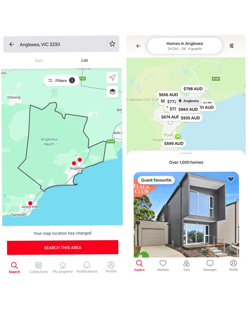 BeePee320's tweet photo. @Loud_Lass Same coastal towns. Left is all the available rentals. Right is all the air BnB. https://t.co/6Wz0j7ApAF