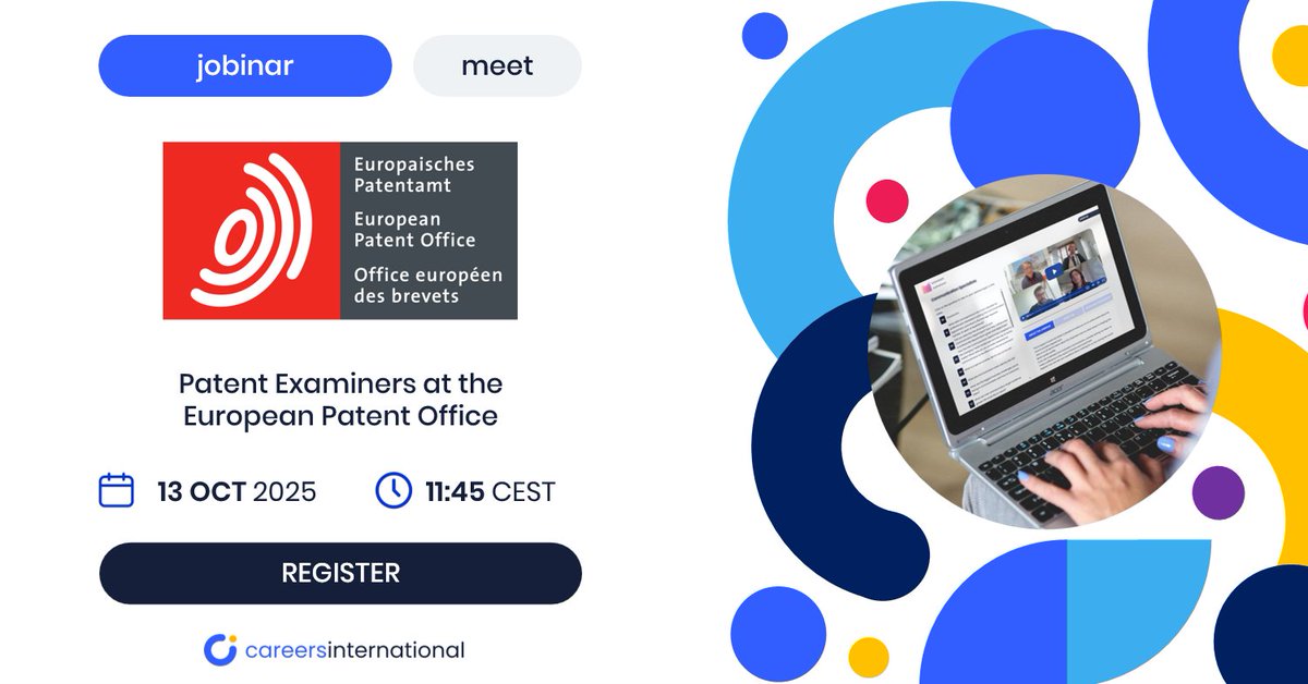 Careers_Intl's tweet photo. Join us on October 13 at 11:45 for the exclusive live jobinar with @EPOorg!
Register now > https://t.co/uQWvxB9DYW
#Jobinar #CareersInternational #EPO #Patents #Innovation #TechnologyTransfer https://t.co/p52APiRoKv