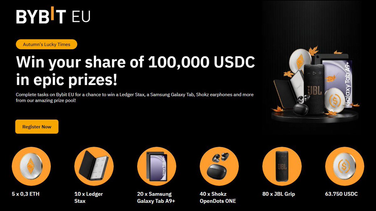 💰 Join Bybit EU’s Autumn Lucky Times – Win your share of 100,000 $USDC!

Complete tasks on Bybit EU and spin the lucky draw for rewards like $ETH, Ledger Stax, Samsung Galaxy Tab A9+, Shokz OpenDots ONE, JBL Grip and $USDC 💥

How to join:
1️⃣ Register for the event: