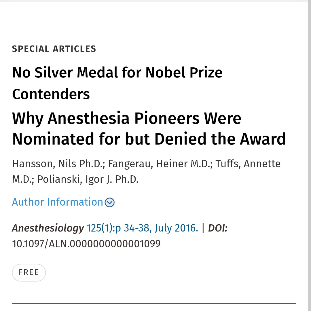 neuronsmultiply's tweet image. Here&apos;s a fascinating read for anyone interested in the history of medicine.

A special article published in July 2016  @_Anesthesiology.

Using nominations and committee reports from the Nobel archive, the authors discuss why no anesthesia pioneers have received the Prize.…