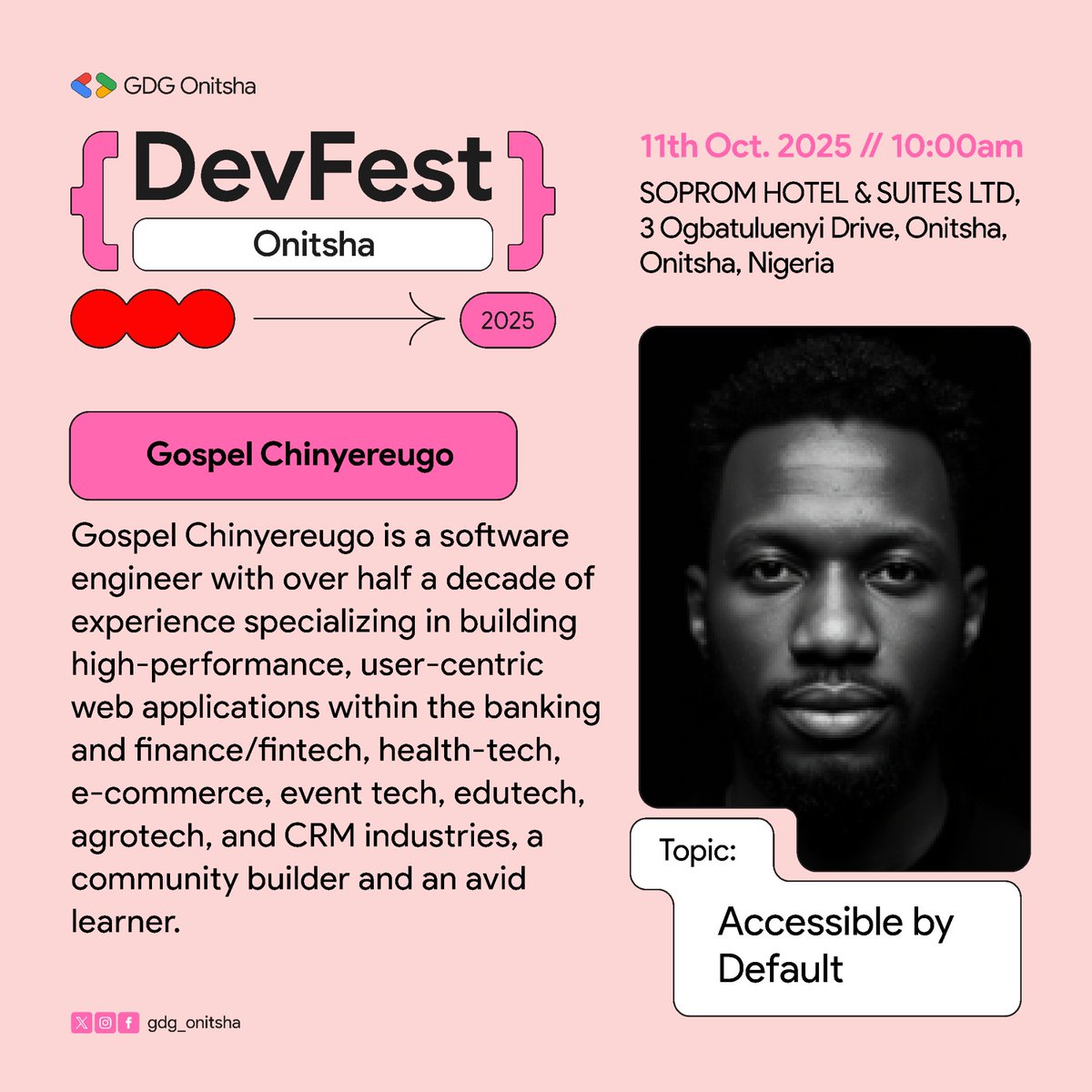 gdg_onitsha's tweet image. We’re pleased to welcome @Codebug_ as a speaker at #DevFestOnitsha2025.

He will be speaking on “Accessible by Default”, drawing from his experience building user-centric, high-performance applications.

🗓 11th Oct. 2025
🔗 Register now: bit.ly/devfest-onitsh…