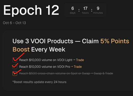 뿌이 <a href="/vooi_io/">vooi</a> Epoch 12 시작됐습니다
빠르게 숙제부터 해놓자구요
숙제 검사 할겁니다 🧑‍🏫

ㅁ VOOI Light에서 거래 볼륨 $10,000 만들기
ㅁ VOOI Pro에서 거래 볼륨 $10,000 만들기
ㅁ Swap 볼륨 $500 만들기

-------
Vooi 하시는 분들은 이거 꼭 보세요
뿌이는 cSnppers 보상을 노리지 않으면 맛