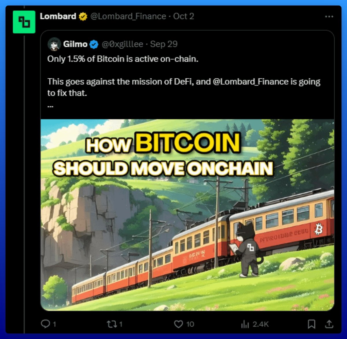 0xgilllee's tweet photo. I can hardly see any reason stopping you from applying to @Lombard_Finance cohort 2.

+ One of the largest protocols within the BTCFi ecosystem

+ Successfully integrated LBTC into DeFi, with adoption by over 68 protocols

+ $BARD is valued at around $1b FDV and is listed on major CEXs

+ Strong community growth at Lombard, with @Eugene_Bulltime as an example

+ Solid trajectory toward Bitcoin Capital Markets, which is a guaranteed win

Additionally, there’s a clear opportunity to climb Lombard's leaderboard for a 0.8% $BARD distribution in season 2.

So, why not? The application form closes today.

Hurry!