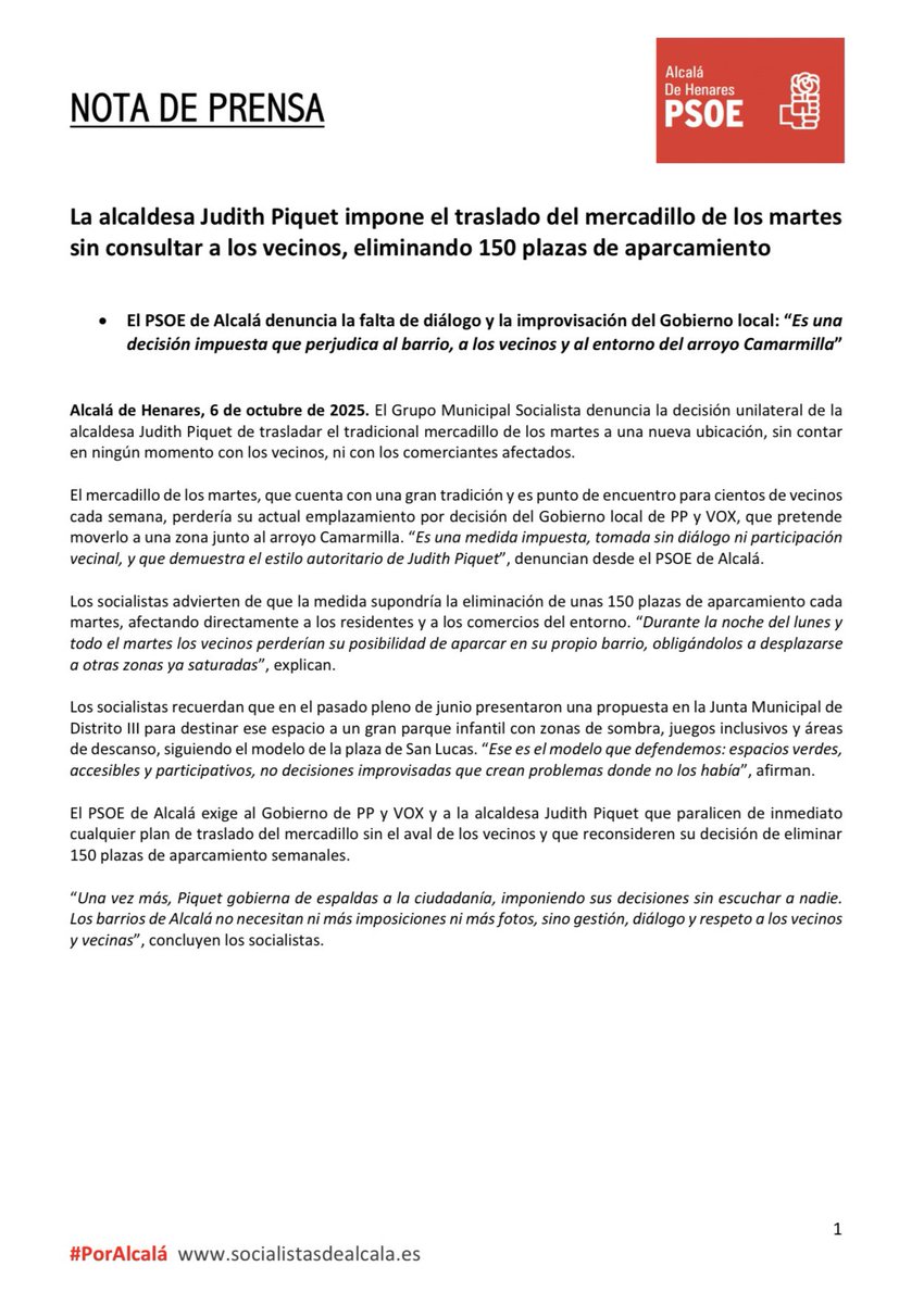 PSOE de Alcalá/❤️ (@psoealcaladeh) on Twitter photo 🎙️PRENSA | 🛍️COMERCIO | La alcaldesa <a href="/JudithPiquet/">Judith Piquet</a> impone el traslado del mercadillo de los martes sin consultar a los vecinos, eliminando 150 plazas de aparcamiento.
❌Decisión impuesta que perjudica al barrio, a los vecinos y al entorno del Camarmilla
socialistasdealcala.es/traslado-merca… 🎙️PRENSA | 🛍️COMERCIO | La alcaldesa <a href="/JudithPiquet/">Judith Piquet</a> impone el traslado del mercadillo de los martes sin consultar a los vecinos, eliminando 150 plazas de aparcamiento.
❌Decisión impuesta que perjudica al barrio, a los vecinos y al entorno del Camarmilla
socialistasdealcala.es/traslado-merca…