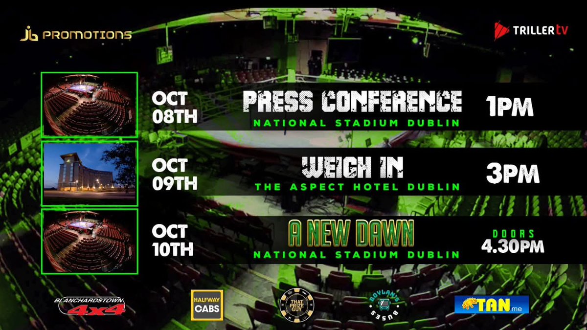 It's Fight Week in Dublin

JB Promotions presents #ANEWDAWN at the National Stadium

Paul Ryan &amp; Edward Donovan headline the 15 fight card over 8 rounds in a Middleweight contest 

There are also 3 other domestic fights on the card, including Cronin v Crowley &amp; O'Sullivan v Walsh