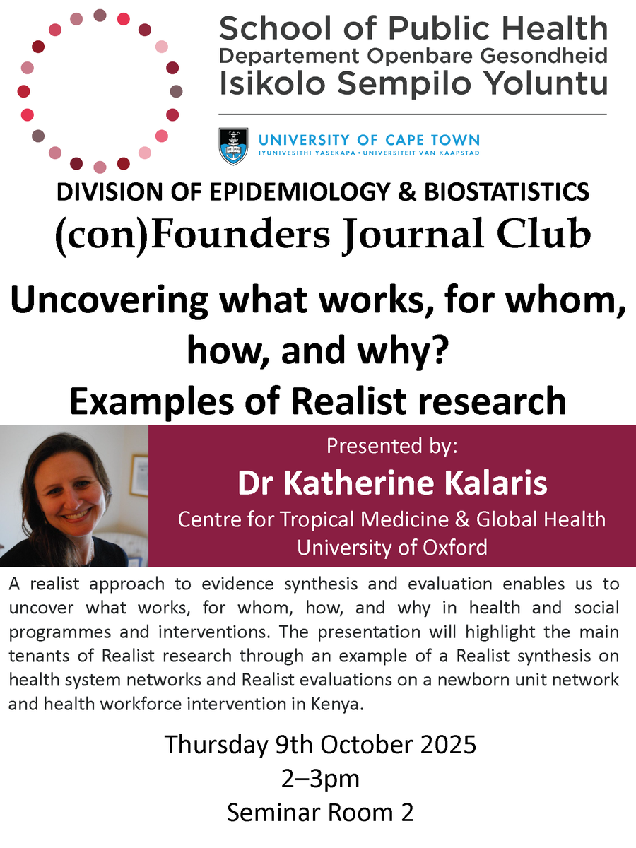 📰 Join us on Wednesday and Thursday this week for two (con)Founders Journal clubs hosted by our division. Check out the adverts below for more details.
#Epidemiology #Biostatistics #Research #Data #Science
<a href="/UCT_news/">UCT</a> <a href="/UCT_SPH/">UCT School of Public Health</a> <a href="/UCTHealthSci/">UCT Health Sciences</a> <a href="/uct_bmhsl/">Bongani Mayosi Health Sciences Library (BMHSL)</a>
