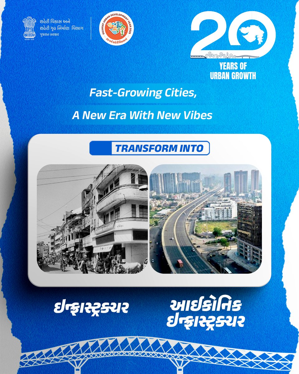 Fast-Growing Cities,
A New Era with New Vibes.

આઇકોનિક ઈન્ફ્રાસ્ટ્રક્ચરના નિર્માણથી રાજ્યના શહેરો બની રહ્યા છે વાઈબ્રન્ટ અને વર્લ્ડ ક્લાસ.

#UDY2025
#urbandevelopment
#comaoffice