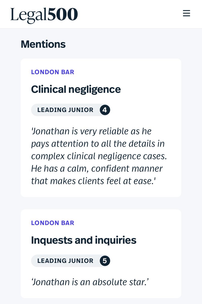 I am very proud to have been ranked by The Legal 500 as a leading junior in Clinical Negligence and Inquests and Inquiries.

Thank you so much to my very kind referees, and to my brilliant colleagues at <a href="/1CrownOfficeRow/">1 Crown Office Row</a>.