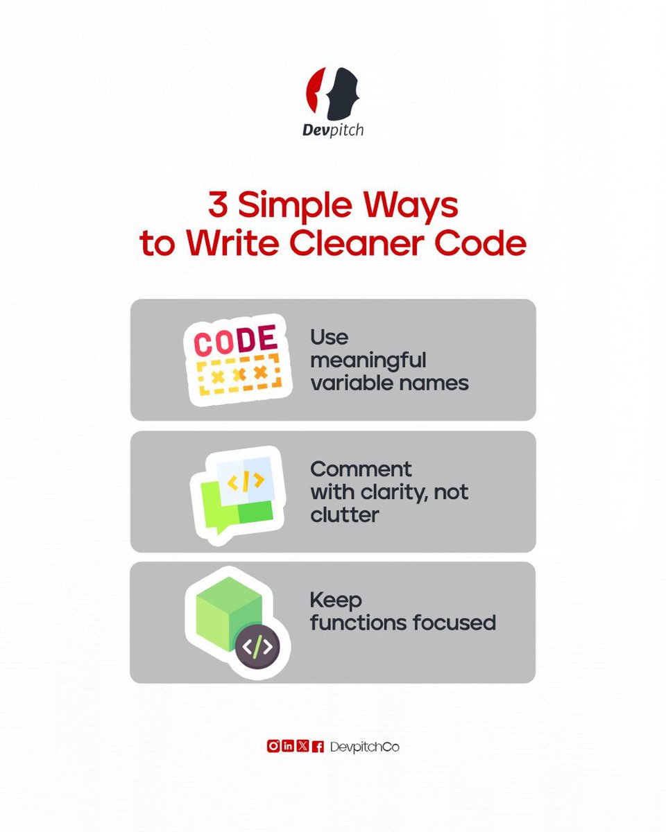DevpitchCo's tweet image. To write codes that are clear, do these;
➡️Code with intention: Use names that show intent. 
➡️Comment with purpose: Document decisions, not mechanics. 
➡️Design for simplicity

Always remember, Simplicity is the ultimate sophistication.

#SoftwareEngineering #Programming #Coding