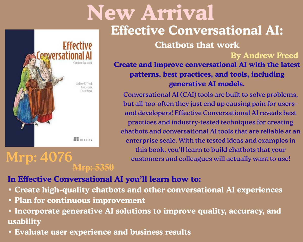 computerbookshp's tweet image. Effective Conversational AI: Chatbots that work By Cari Jacobs (Author) Manning (Publisher)  Buy from Computer bookshop using this link: tinyurl.com/msjcvzf6 #GenerativeA #EffectiveConversationalAi #ArtificialIntelligence #webdevlopment #softwaredevlopment