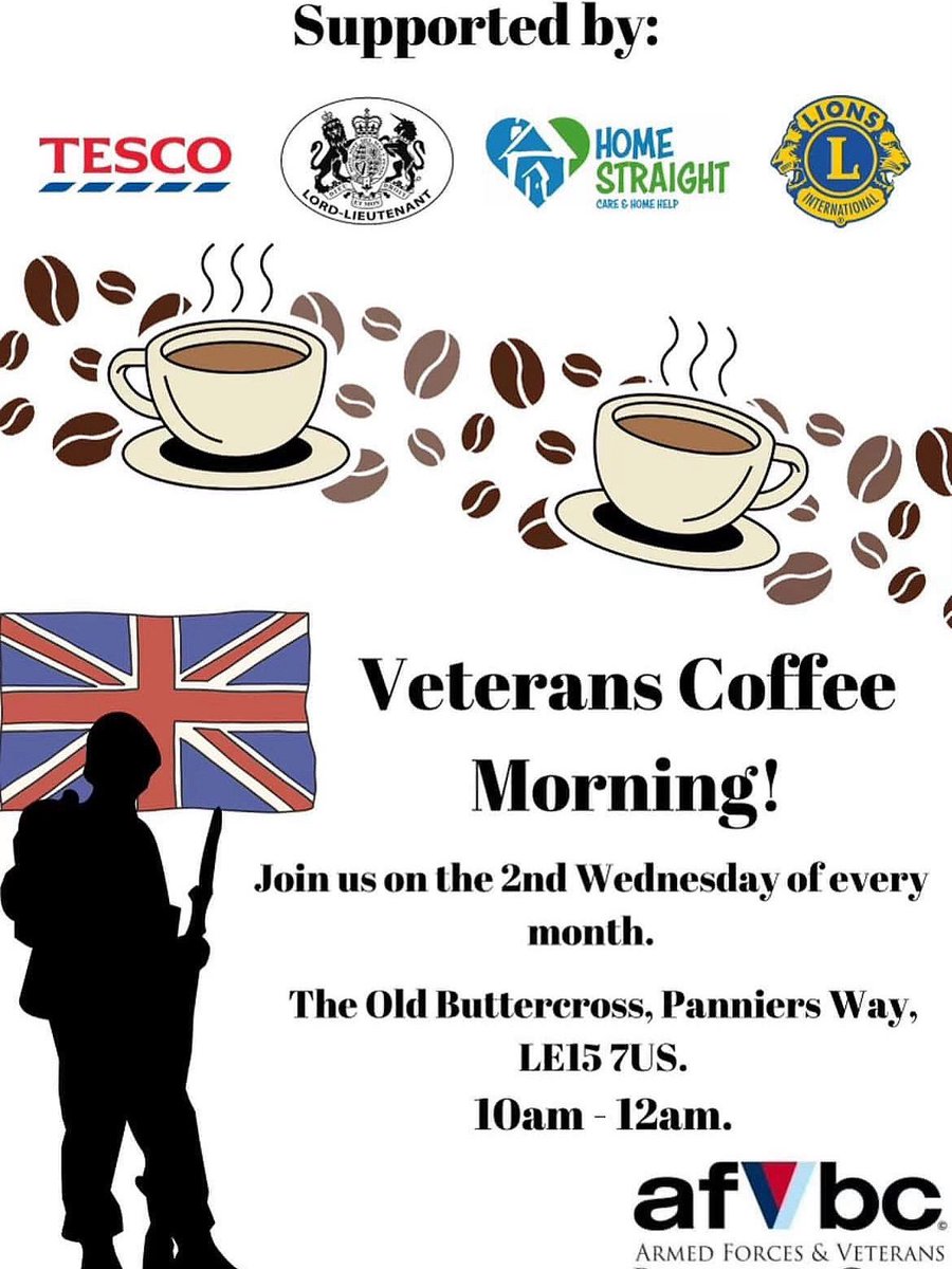 This Wednesday 8th October at The Buttercross from 10am-12

The Veterans coffee morning invites those that are part of the Armed Forces community to come and join us in a relaxed, social environment for a cuppa and a chat. A very warm welcome is guaranteed ☕️ ☕️