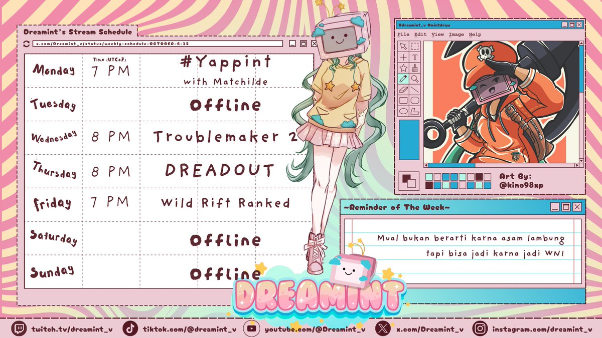 Dreamint_v's tweet photo. Weekly schedule for October 6-12 2025

[Red font] Youtube: https://t.co/uf6vR9wXUK
[Purple font] Twitch: https://t.co/4YZazbrKSW

[Hashtags]
LiveTag: #Livemint
Art: #mintdraw
Clips: #Clipint

Request game for next week in reply👇
See you peeps 📷 Art by: @kino98xp https://t.co/a8HWQMIm6s