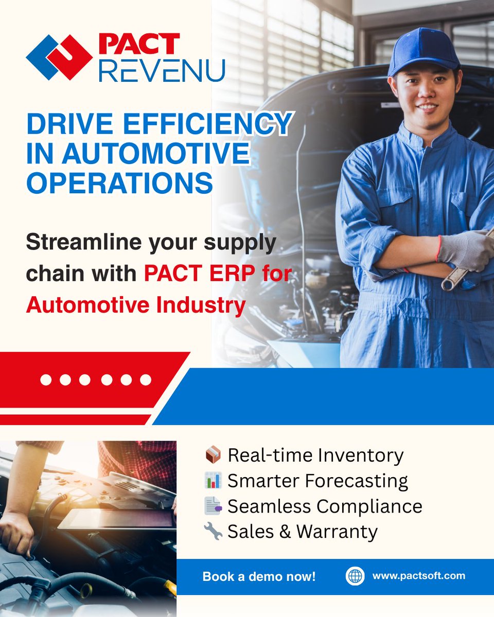 pacterpsolution's tweet image. In the automotive industry, speed & precision are everything.
PACT ERP helps you achieve:
- Real-time inventory
- Smarter forecasting
- Compliance control
- Sales & service integration
Put your business in the fast lane pactsoft.com/industry/autom…
#AutomotiveIndustry #ERP