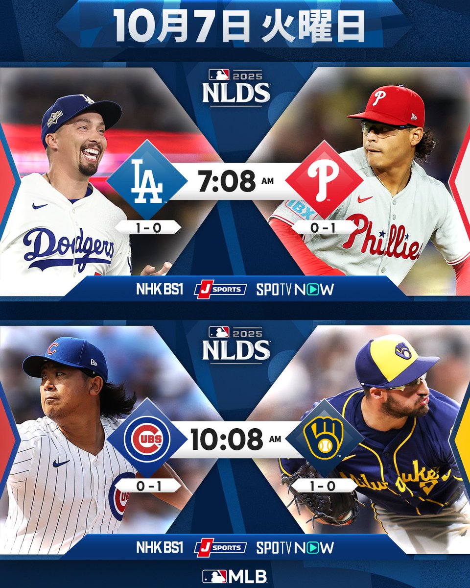 MLBJapan's tweet image. 【 #試合予告 】明日はNLDS第2戦が行われます🔥
👉ドジャースvsフィリーズ 2戦目の行方は？？ #大谷翔平 の活躍にも期待！
👉カブス #今永昇太 ポストシーズン初先発！ #鈴木誠也 の援護受けてブルワーズに逆襲狙う
大舞台で戦う日本人選手3人を応援しましょう🗣️
#試合予告
▶️ NHK、J…