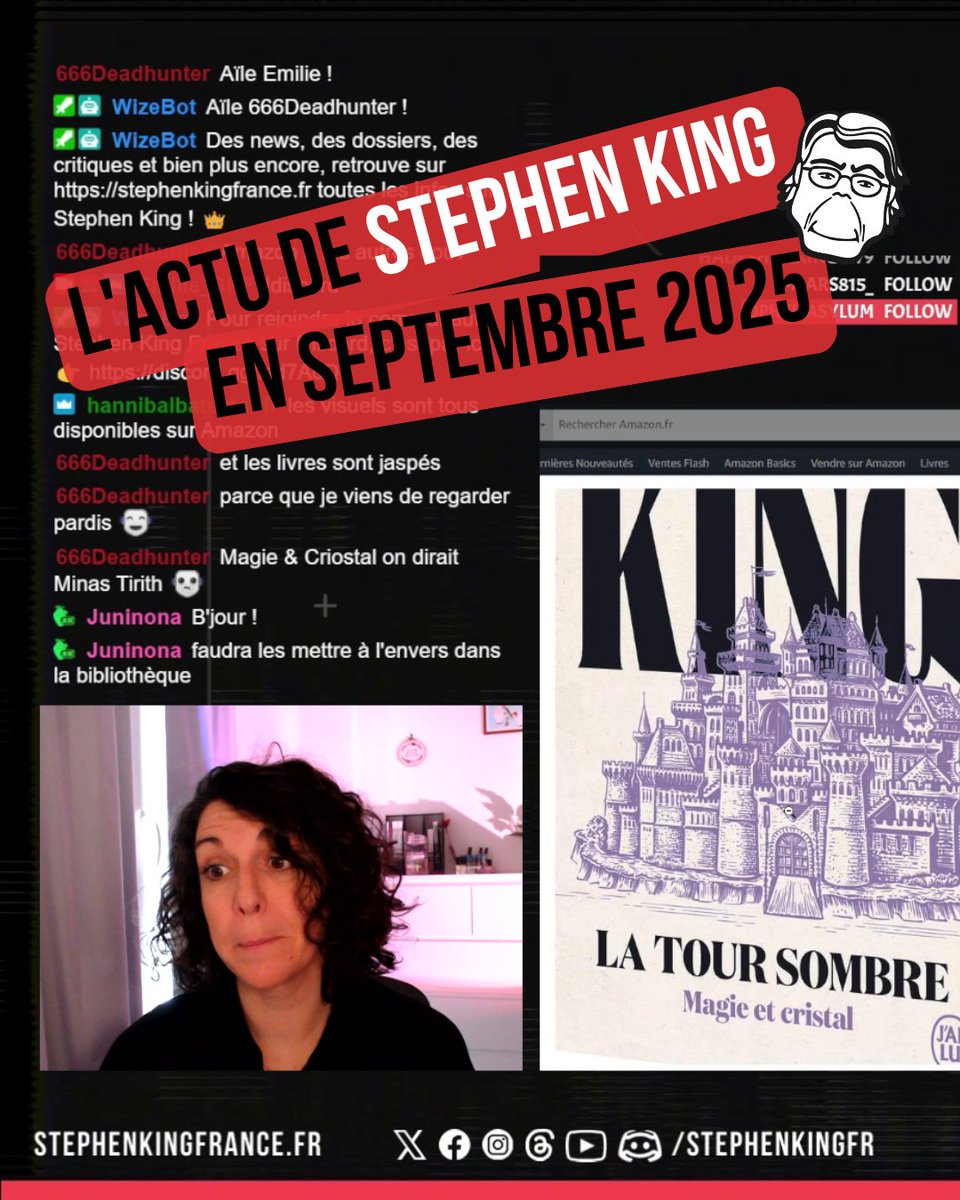 Hier, pendant le live "Actualité de #StephenKing", on a découvert en direct les nouvelles couvertures de "La Tour Sombre" 🌹📚 et discuté, entre autres, de "Marche ou Crève", "Running Man" et "Ça" 🎬...

Séance de rattrapage avec le replay 👉 youtu.be/AW7kalIeq74?si…