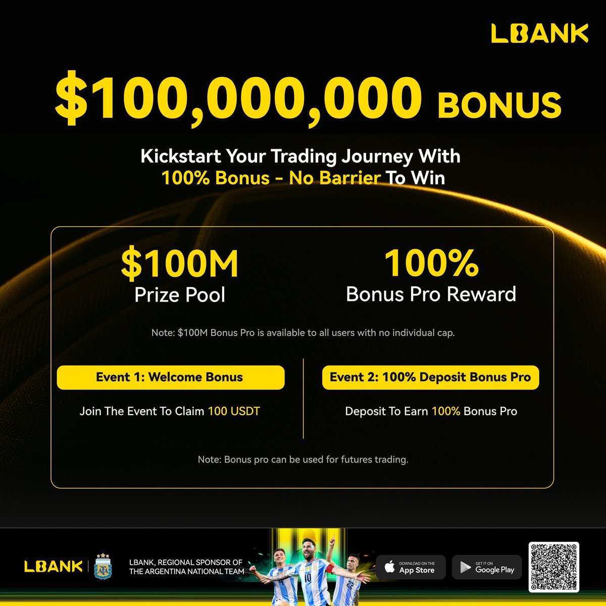 Buenos días <a href="/AFASeleccionEN/">Selección Argentina in English</a> supporters 🇦🇷
There’s a new play in motion <a href="/LBank_Exchange/">LBank.com</a> just launched the $100M Bonus Pro event, made for fans who live and breathe the game.

Claim your spot and discover exclusive rewards here 👇
lbank.com/activity/bonus…