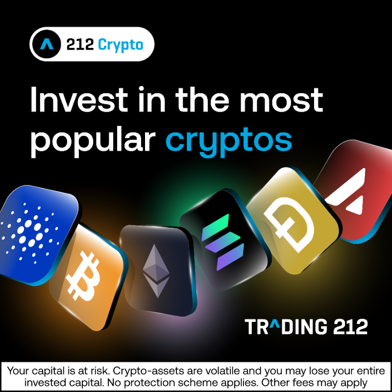 Trading212's tweet photo. The same Trading 212 experience, now with crypto. Invest with 0 commission.