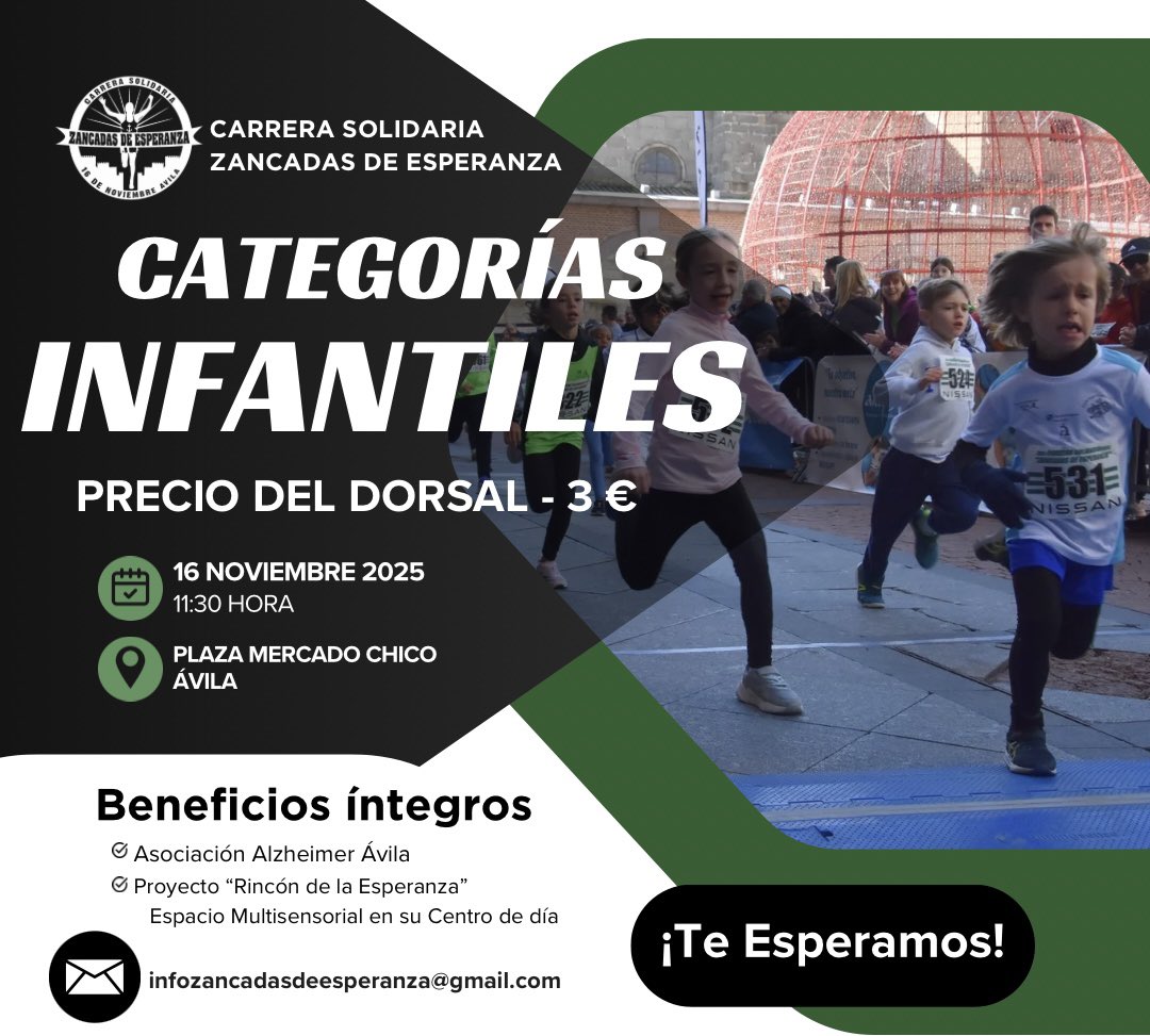 👧🏻CATEGORÍAS INFANTILES👦🏻

👉 Coste del dorsal: 3 € (simbólico)
👉 Subcategorías según edad:
Prebenjamín: nacidos en 2022 · 25 m
Benjamín · 4 a 7 años · 50 m
Alevín · 8 a 10 años · 150 m
Infantil · 11 a 13 años · 250 m
Cadete · 14 a 16 años · 500 m