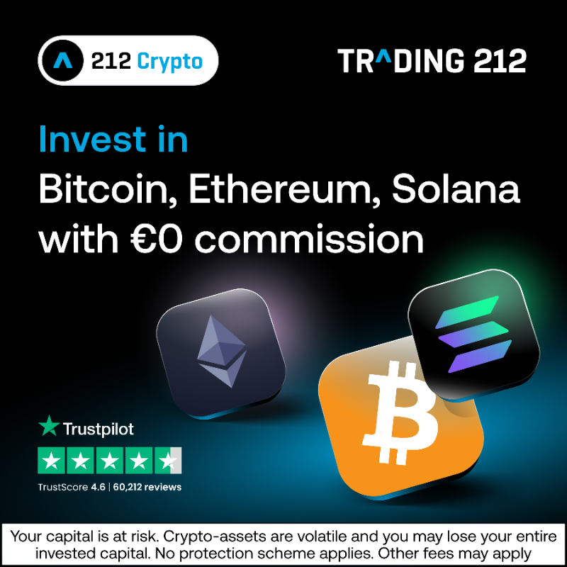 Trading212's tweet photo. The same Trading 212 experience, now with crypto. Invest with 0 commission.